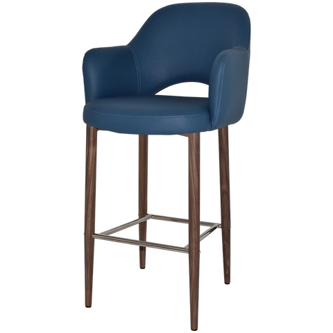 Mulberry Arm Bar Stool Light Walnut Metal 4 Leg With Black Vinyl Shell, Viewed From Angle In Front