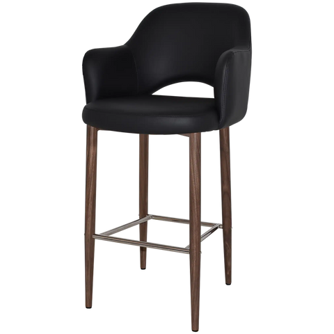 Mulberry Arm Bar Stool Light Walnut Metal 4 Leg With Black Vinyl Shell, View From Angle In Front