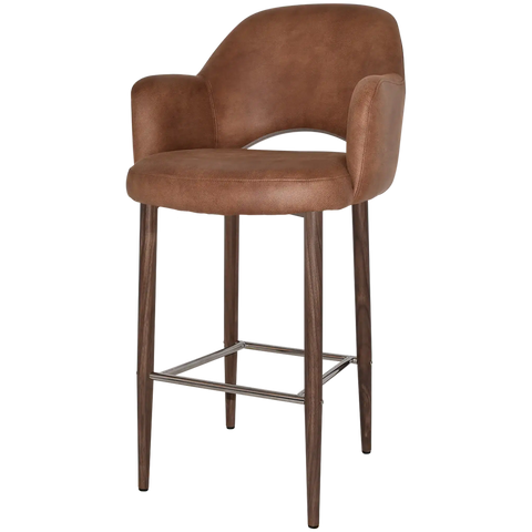 Mulberry Arm Bar Stool Light Walnut Metal 4 Leg With Eastwood Tan Shell, Viewed From Angle In Front