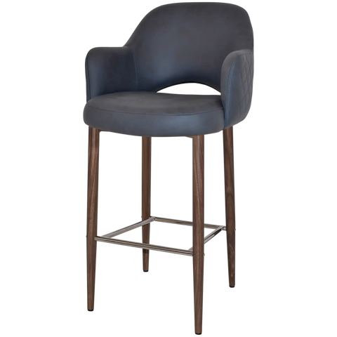 Mulberry Arm Bar Stool Light Walnut Metal 4 Leg With Pelle Benito Navy Shell, Viewed From Angle In Front