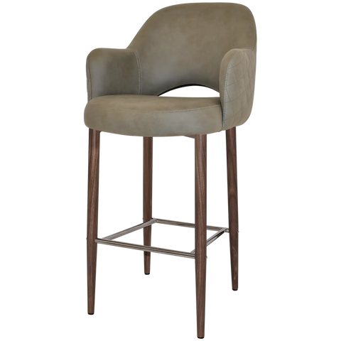 Mulberry Arm Bar Stool Light Walnut Metal 4 Leg With Pelle Benito Sage Shell, Viewed From Angle In Front