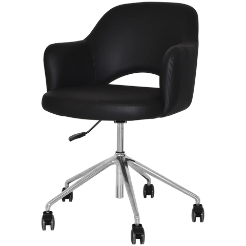 Mulberry Armchair 5 Way Aluminium Office Base On Castors With Black Vinyl Shell, Viewed From Angle In Front