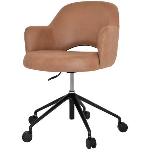 Mulberry Armchair 5 Way Black Office Base On Castors With Pelle Benito Tan Shell, Viewed From Angle In Front