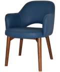 Mulberry Armchair Light Walnut Timber 4 Leg With Blue Vinyl Shell, Viewed From Angle