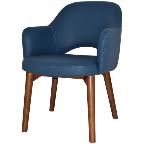 Mulberry Armchair Light Walnut Timber 4 Leg With Blue Vinyl Shell, Viewed From Angle