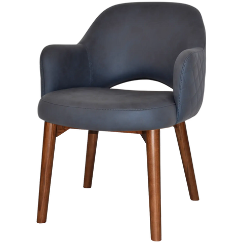 Mulberry Armchair Light Walnut Timber 4 Leg With Pelle Benito Navy Shell, Viewed From Angle