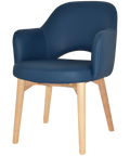 Mulberry Armchair Natural Timber 4 Leg With Blue Vinyl Shell, Viewed From Angle