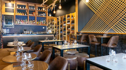 Mulberry Armchairs And Stools With Elm Natural Tabel Tops And Citadel Table Base At Amor Wine Tapas Cocktails