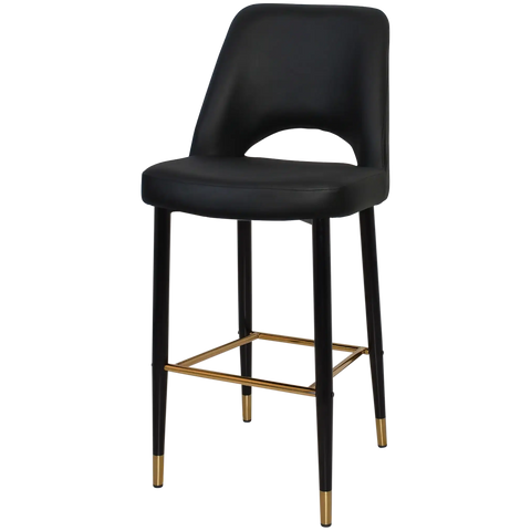 Mulberry Bar Stool Black With Brass Tip Metal 4 Leg With Black Vinyl Shellack Metal 4 Leg With, Viewed From Angle