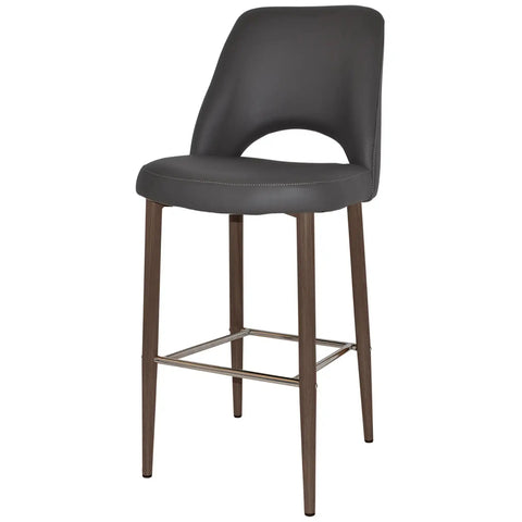 Mulberry Bar Stool Light Walnut Metal 4 Leg With Charcoal Vinyl Shell, Viewed From Angle