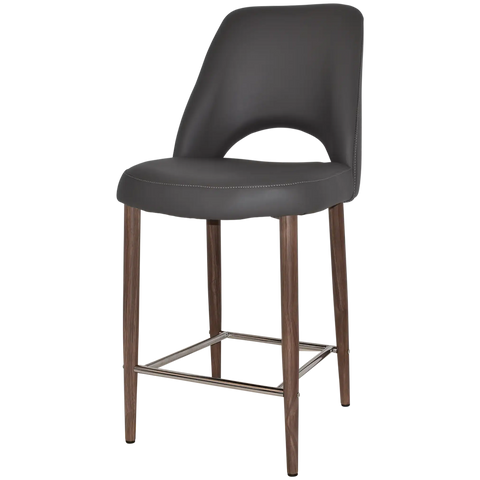 Mulberry Counter Stool Light Walnut Metal 4 Leg With Charcoal Vinyl Shell, Viewed From Angle