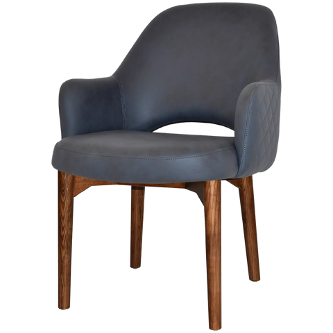 Mulberry XL Armchair Light Walnut Timber 4 Leg Pelle Benito Navy Shell, Viewed From Angle