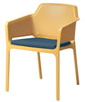 Net Armchair By Nardi In Senape (Mustard) With Denim Seat Pad, Viewed From Angle In Front
