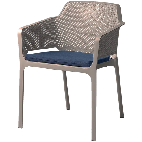 Net Armchair By Nardi In Tortora Taupe With Denim Seat Pad, Viewed From Angle In Front