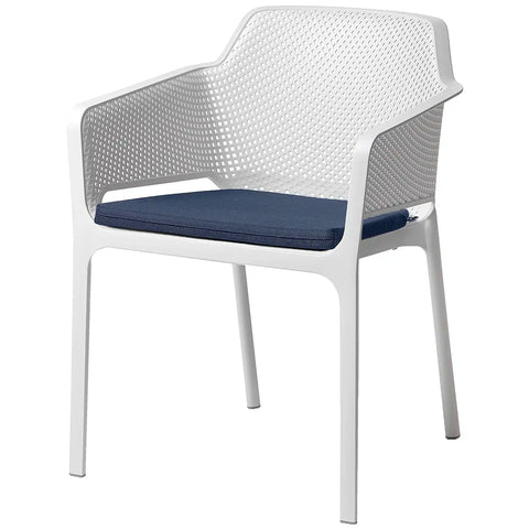 Net Armchair By Nardi In White With Denim Seat Pad, Viewed From Angle In Front