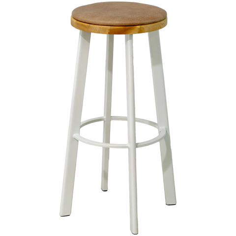 Nika Bar Stool White Frame With Natural Seat And Custom Eastwood Seat Pad, Viewed From Angle In Front