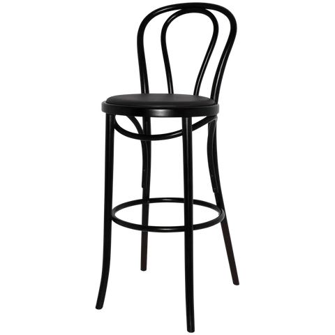 No 18 Bentwood Bar Stool In Black With Black Vinyl Seat Pad, Viewed From Angle In Front