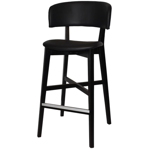 Palermo Bar Stool With Black Vinyl Upholstery And Black Timber Frame, Viewed From Angle In Front