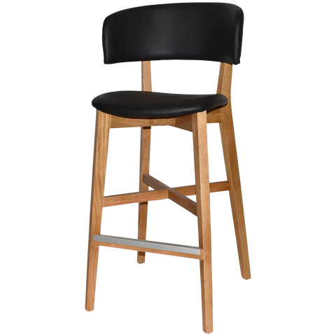 Palermo Bar Stool With Black Vinyl Upholstery And Light Oak Timber Frame, Viewed From Angle In Front