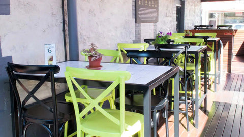 Powder Coated Florence Bar Stools And Custom Tiled Tables In Outside Dining At Exchange Hotel Gawler