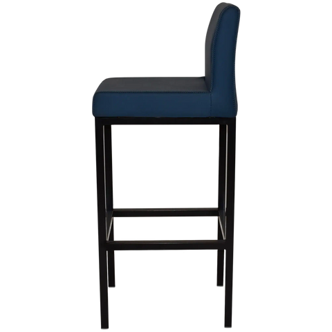 Quentin Bar Stool With Backrest With Black Frame And Blue Vinyl Upholstery, Viewed From Side