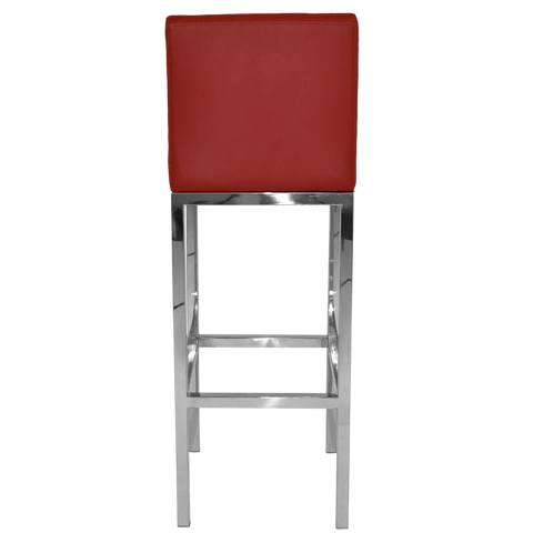 Quentin Bar Stool With Backrest With Stainless Steel Frame And Red Vinyl Upholstery, Viewed From Back