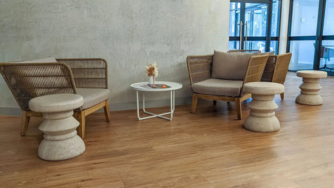 Bellano Armchairs In Beige And Monsoon Side Tables In White At Rezz Hotel