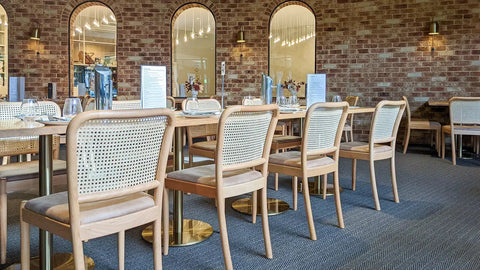 Carlton Table Base With Natural Elm Table Tops and Sienna Chairs Natural At Rezz Hotel 