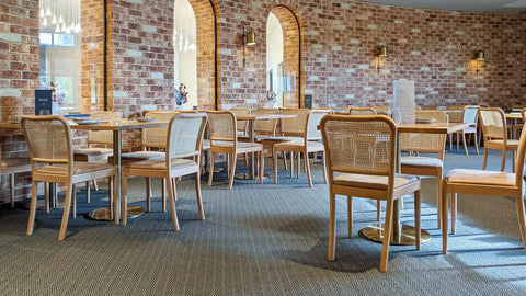 Sienna Chairs Natural With Carlton Table Base And Elm Table Tops In Dining Area At Rezz Hotel