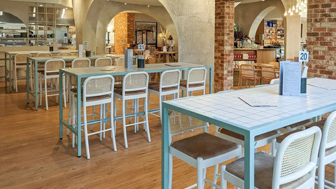 Sienna White Bar Stools And Custom Tiled Bar Tables At Rezz Hotel