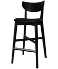 Romano Bar Stool With Black Vinyl Upholstered Seat With Black Timber Frame, Viewed From Angle In Front