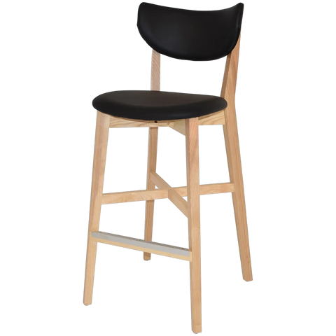 Romano Bar Stool With Natural Frame And Black Vinyl Seat And Back, Viewed From Angle In Front
