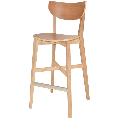 Romano Bar Stool With Natural Timber Seat And Backrest, Viewed From Angle In Front