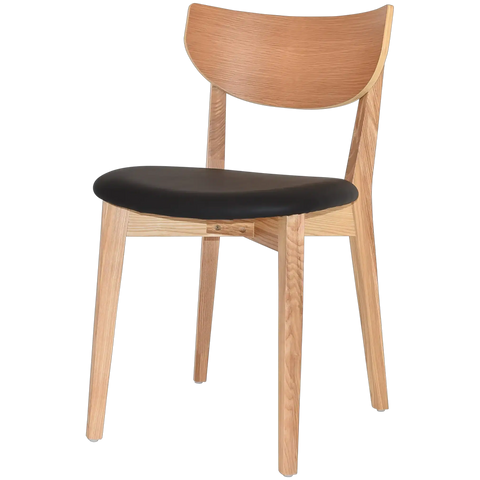 Romano Dining Chair With Natural Frame And Backrest With A Black Vinyl Seat, Viewed From Angle In Front