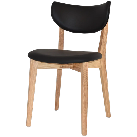 Romano Dining Chair With Natural Timber Frame And A Black Vinyl Seat And Backrest, Viewed From Angle In Front