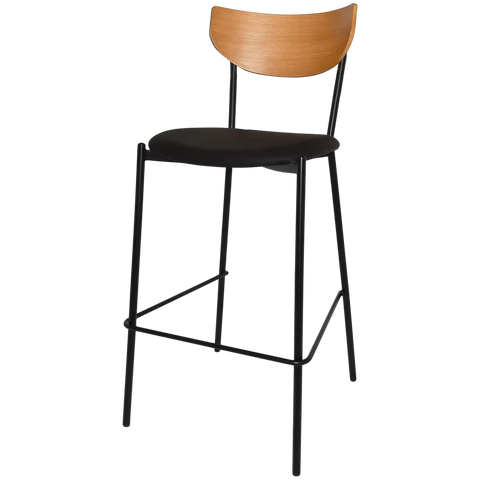 Ronaldo Bar Stool With A Black Frame And A Black Vinyl Seat With Light Oak Backrest, Viewed From Angle In Front