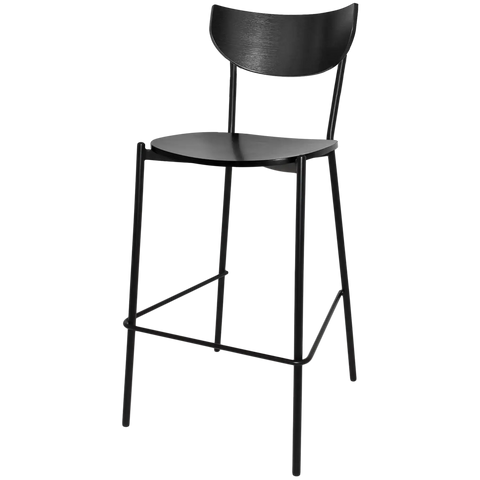 Ronaldo Bar Stool With A Black Metal Frame And A Black Timber Seat And Backrest, Viewed From Angle In Front