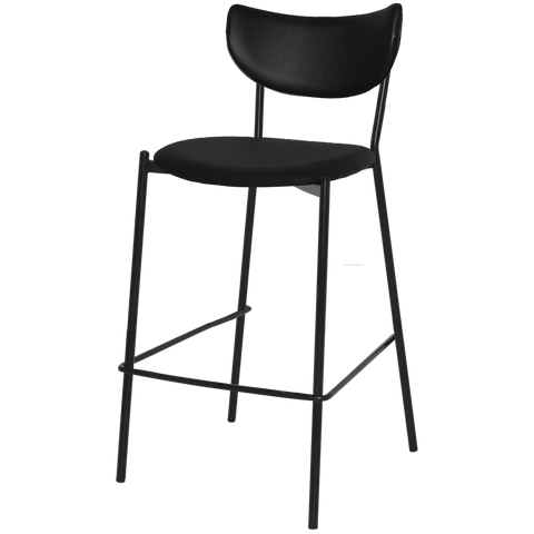 Ronaldo Bar Stool With A Black Metal Frame And A Black Vinyl Seat And Backrest, Viewed From Angle In Front