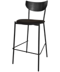 Ronaldo Bar Stool With A Black Metal Frame And Black Vinyl Seat With A Black Timber Backrest, Viewed From Angle In Front