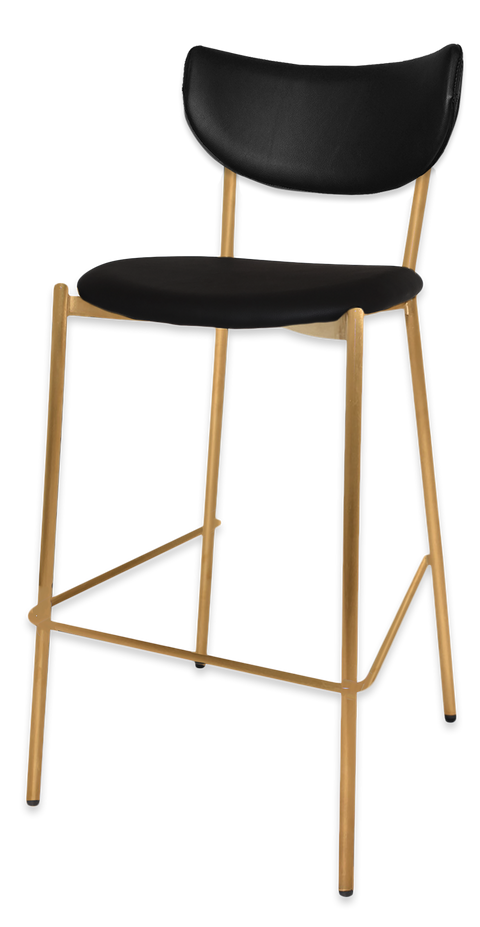 Ronaldo Bar Stool With A Brass Fram And A Black Vinyl Seat And Backrest Viewed From Front Angle