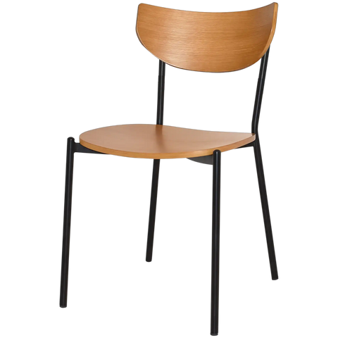 Ronaldo Chair With Black Frame And Light Oak Seat And Backrest, Viewed From Angle In Front