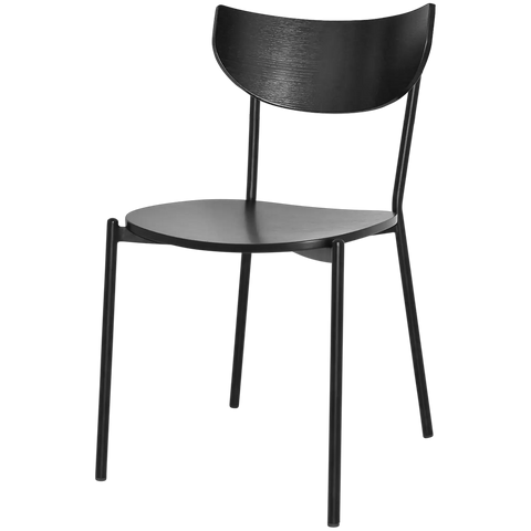 Ronaldo Chair With Black Frame Black Timber Seat And Backrest, Viewed From Angle In Front