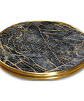 Round Werzalit Table Top In Sienna With Brass Edge, Viewed From Above