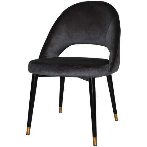 Saffron Chair In Black With Brass Tip Metal With 4 Leg With Regis Charcoal Fabric, Viewed From Front Angle