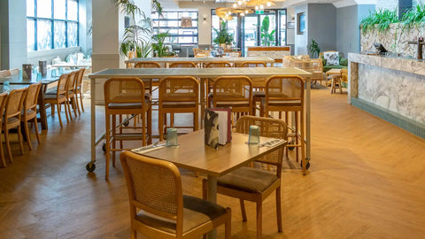 Sienna Side Chairs And Prime Oak Melamine Table Tops With Sienna Bar Stools And A Custom Tiled Table In Main Dining At Moseley Bar Kitchen