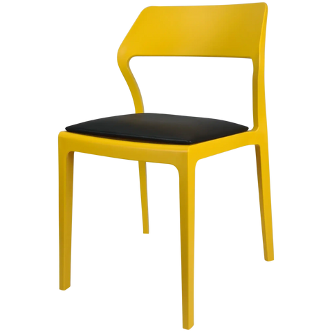 Snow Chair By Siesta In Yellow With Black Vinyl Seat Pad, Viewed From Angle