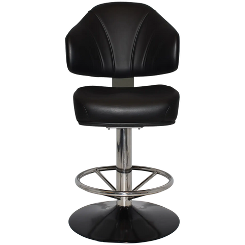 Stirling Gaming Stool In Black Vinyl On Black Disc Base With Stainless Steel Column And Foot Ring, Viewed From Front