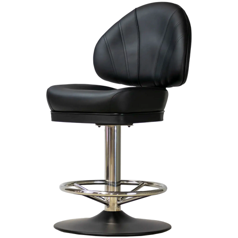 Stirling II Gaming Stool Black Seat Stainless Column Footring Black Disc, Viewed From Angle In Front