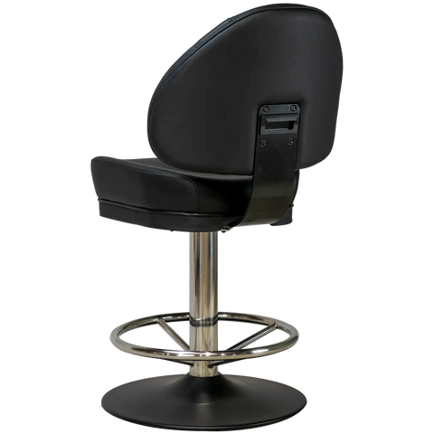 Stirling II Gaming Stool Black Seat Stainless Column Footring Black Disc, Viewed From Angle Behind