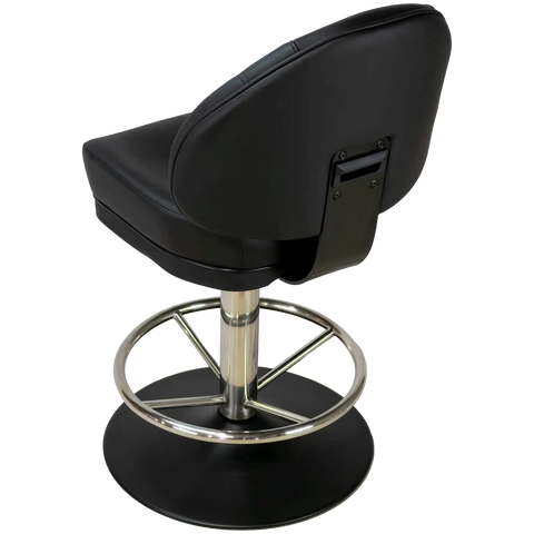 Stirling II Gaming Stool Black Seat Stainless Column Footring Black Disc, Viewed From Behind